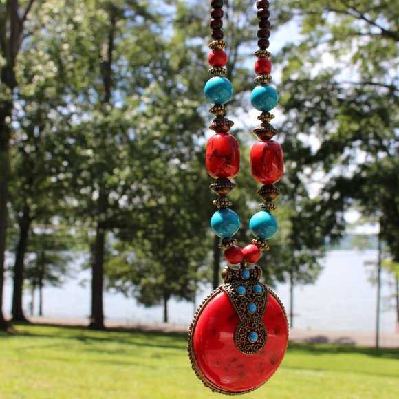 Big Red Tribal Cultural Statement Necklace - Picture 13 of 15